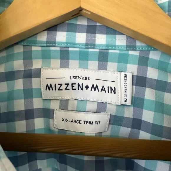 MIZZEN+MAIN Leeward Shirt Blue Plaid Trim Fit Button Down SS Stretch